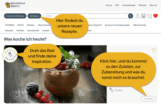 KI generiert: Das Bild zeigt eine Webseite mit einem Fokus auf Rezepte, inklusive Funktionen zur zufälligen Rezeptauswahl und detaillierten Zubereitungshinweisen. Im Mittelpunkt steht ein Schokoladendessert mit Beeren in einem Glas.