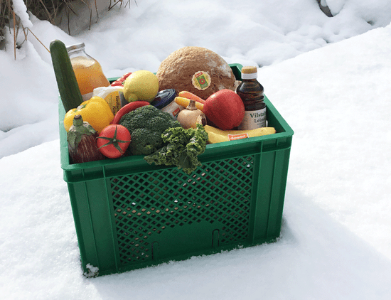 KI generiert: Das Bild zeigt eine grüne Kiste voller Lebensmittel, darunter Gemüse, Obst und ein Getränk, die auf Schnee platziert ist. Im Hintergrund ist eine winterliche Schneelandschaft zu sehen.