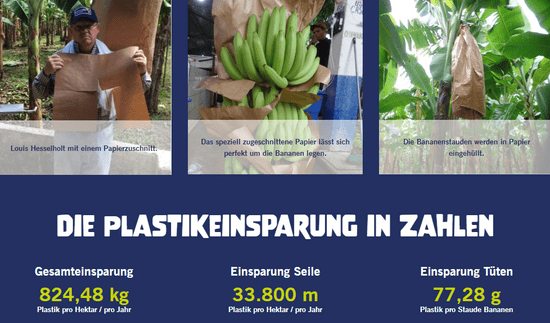 KI generiert: Das Bild zeigt eine umweltfreundliche Methode, bei der Bananen mit speziellem Papier statt Plastik verpackt werden, um Plastik einzusparen. Unten im Bild werden konkrete Einsparungszahlen von Plastik pro Hektar und Jahr angegeben.