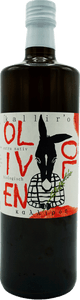 KI generiert: Das Bild zeigt eine Flasche Olivenöl mit einem auffälligen Etikett, auf dem ein Esel abgebildet ist. Das Design ist künstlerisch mit großen Buchstaben und einem Zweig verziert.