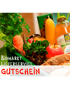KI generiert: Das Bild zeigt einen Korb mit frischem Bio-Obst und -Gemüse sowie einer Saftflasche. Es wirbt für einen Biomarkt-Lieferservice-Gutschein.