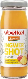 KI generiert: Das Bild zeigt eine Flasche Voelkel Ingwer Shot mit Ananasgeschmack. Das Getränk wird als förderlich für das Immunsystem beschrieben.