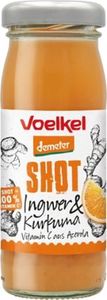 KI generiert: Das Bild zeigt eine Flasche mit einem Shot-Getränk der Marke Voelkel, das Ingwer und Kurkuma enthält. Es wird mit Vitamin C aus Acerola beworben und trägt das Demeter-Label.
