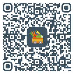 KI generiert: Das Bild zeigt einen QR-Code mit einem Symbol in der Mitte, das eine Kiste voller bunter Früchte und Gemüse darstellt. Der QR-Code ist wahrscheinlich für eine App oder Webseite im Bereich Lebensmittel oder Ernährung gedacht.