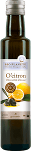 KI generiert: Das Bild zeigt eine Flasche Bio Planète O'citron, ein Olivenöl mit Zitronengeschmack. Auf dem Etikett sind Oliven und Zitronen abgebildet.