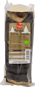 KI generiert: Auf dem Bild ist eine Packung mit Gebäck "Herzen, Sterne, Brezeln" von linea natura zu sehen. Die Verpackung enthält 200g und das Gebäck ist teilweise mit Schokolade überzogen.