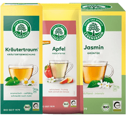 KI generiert: Das Bild zeigt drei Teeverpackungen der Marke "Lebensbaum" mit den Sorten "Kräutertraum", "Apfel" und "Jasmin". Jede Packung ist farblich unterschiedlich gestaltet und enthält Informationen zu den Geschmacksrichtungen und Bio-Zertifizierungen.