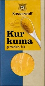 KI generiert: Das Bild zeigt eine Verpackung von gemahlenem Bio-Kurkuma der Marke Sonnentor. Der Hauptinhalt ist ein Gewürz mit dem Slogan "Strahlender Alleskönner".