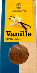 KI generiert: Das Bild zeigt eine Verpackung von gemahlener, biologischer Vanille von Sonnentor. Auf der Verpackung ist eine Vanilleblüte abgebildet, und der Inhalt ist durch ein kleines Sichtfenster zu sehen.