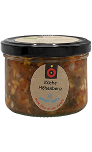 KI generiert: Das Bild zeigt ein Glas mit einem Etikett der Marke "Küche Höhenberg". Der Inhalt scheint eine Art Aufstrich oder Paste zu sein.