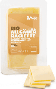 KI generiert: Das Bild zeigt eine Packung Bio Allgäuer Raclette-Käse mit dem Bioland-Logo. Der Käse ist in Scheiben geschnitten und die Verpackung hebt die alpinen Ursprünge hervor.