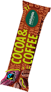 KI generiert: Das Bild zeigt eine Verpackung von Schokolade mit Kaffee und Kakao, die als fair gehandelt und biologisch zertifiziert ist. Die Marke "Naturata" ist prominent sichtbar.