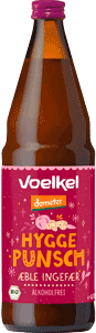 KI generiert: Das Bild zeigt eine Flasche "Voelkel Hygge Punsch" in der Geschmacksrichtung Apfel Ingwer, die alkoholfrei ist. Die Etikette ist hauptsächlich in Rot- und Pinktönen gestaltet.