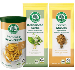 KI generiert: Das Bild zeigt drei verschiedene Gewürzverpackungen der Marke "Lebensbaum": Pommes-Gewürzsalz, Italienische Küche Gewürzmischung und Garam Masala. Die Produkte sind als bio-zertifiziert gekennzeichnet.
