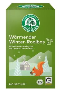 KI generiert: Das Bild zeigt eine Packung "Wärmender Winter-Rooibos" Tee von Lebensbaum. Die Verpackung ist grün und illustriert mit einem winterlichen Haus und Waldmotiv sowie einem roten Eichhörnchen.