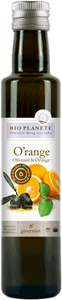 KI generiert: Das Bild zeigt eine Flasche Bio-Planète O'range Olivenöl mit Orange. Auf dem Etikett sind Oliven und Orangen abgebildet.