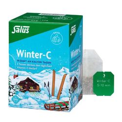 KI generiert: Das Bild zeigt eine Packung "Winter-C"-Tee von Salus, die mit einer winterlichen Illustration von Schneelandschaft und verschiedenen Wintersportgeräten versehen ist. Neben der Packung ist ein Teebeutel mit einem grünen Etikett zu sehen.