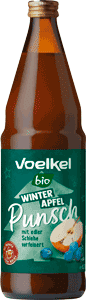 KI generiert: Das Bild zeigt eine Flasche des Voelkel Bio Winter Apfel Punschs. Die Flasche hat ein dunkelgrünes Etikett mit der Abbildung eines Apfels.