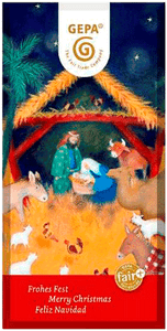 KI generiert: Das Bild zeigt eine Weihnachtskrippen-Szene mit Maria, Josef, dem Jesuskind und Tieren in einem Stall. Es enthält den Text "Frohes Fest" in mehreren Sprachen und das Logo von GEPA, einem Fair-Trade-Unternehmen.