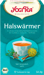 KI generiert: Die Abbildung zeigt eine Verpackung von Yogi Tea mit der Sorte "Halswärmer", einer ayurvedischen Kräuterteemischung mit Süßholz, Fenchel und Thymian. Der Tee ist als biologisch zertifiziert und enthält 17 Teebeutel.