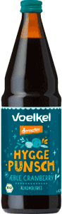 KI generiert: Das Bild zeigt eine Flasche Voelkel Hygge Punsch, eine alkoholfreie Mischung aus Apfel und Cranberry. Auf dem Etikett sind grafische Elemente wie Äpfel und Sterne abgebildet.