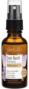 KI generiert: Das Bild zeigt eine Flasche mit einem "Gute Nacht Kissenspray" von Farfalla, das Lavendel enthält und erholsamen Schlaf fördern soll. Der Spray befindet sich in einer braunen Glasflasche mit Sprühkopf.