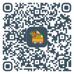 KI generiert: Das Bild zeigt einen QR-Code mit einem Symbol von Gemüse in einem Einkaufswagen in der Mitte. Der Code kann gescannt werden, um eine bestimmte Website oder Information zu erreichen.