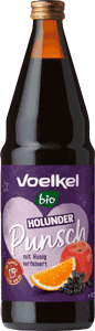 KI generiert: Das Bild zeigt eine Flasche Voelkel Bio Holunder Punsch. Die Etikettierung betont, dass der Punsch mit Honig verfeinert ist.