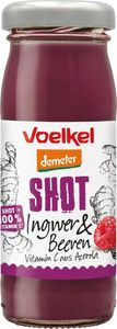 KI generiert: Das Bild zeigt eine Flasche eines Voelkel Demeter Ingwer- und Beeren-Shots mit Vitamin C aus Acerola. Die Gestaltung auf dem Etikett hebt den Inhalt und die gesundheitlichen Vorteile hervor.