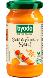KI generiert: Das Bild zeigt ein Glas Byodo Grill & Fondue Senf. Es handelt sich um ein Bio-Produkt, das vegan ist.