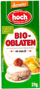 KI generiert: Die Verpackung zeigt Bio-Oblaten der Marke "hoch", hergestellt aus Deutschlands ältester Oblaten-Bäckerei. Sie hat eine grüne Farbgebung mit Informationen zur Größe und Gewicht der Oblaten.
