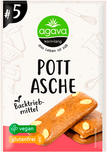 KI generiert: Die Abbildung zeigt die Verpackung eines Backtriebmittels namens "Pottasche" der Marke Agava. Auf der Vorderseite ist zudem vermerkt, dass das Produkt vegan und glutenfrei ist.