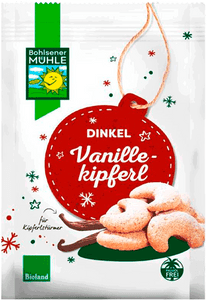 KI generiert: Die Packung zeigt Dinkel Vanillekipferl von Bohlsener Mühle. Sie enthält eine Abbildung der Kekse und Hinweise auf ökologische Eigenschaften und Zertifizierungen.