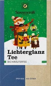 KI generiert: Das Bild zeigt die Verpackung eines Bio-Kräutertees namens "Lichterglanz Tee" von der Marke Sonnentor. Sie ist mit einer winterlichen Illustration von Tieren, die Laternen tragen, dekoriert.