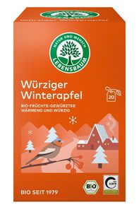 KI generiert: Das Bild zeigt eine Verpackung von Lebensbaum Bio-Früchte-Gewürztee mit der Geschmacksrichtung "Würziger Winterapfel". Die Verpackung ist orange und zeigt eine winterliche Landschaft mit einem Vogel, Bäumen und schneebedeckten Hütten.