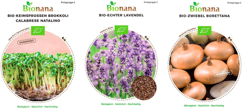 KI generiert: Das Bild zeigt drei verschiedene Saatgutpackungen von "Bionana" mit Bio-Keimsprossen von Brokkoli, echtem Lavendel und Boretana-Zwiebeln. Jede Packung ist mit einem Bio-Siegel versehen und betont Nachhaltigkeit.