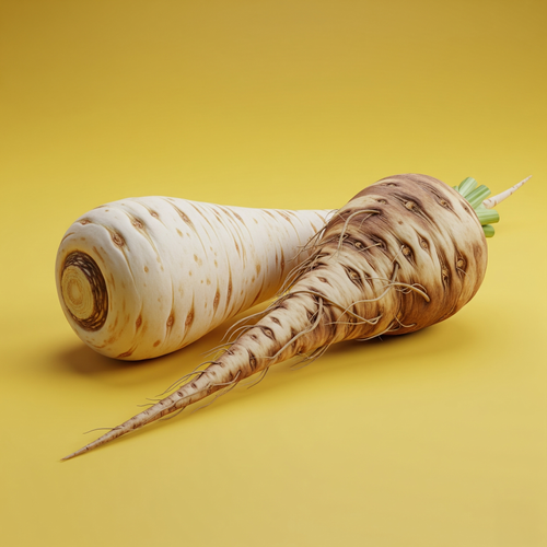 KI generiert: Zwei Pastinaken liegen auf gelbem Hintergrund.