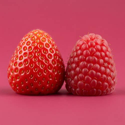 KI generiert: Erdbeere und Himbeere vor rosa Hintergrund.