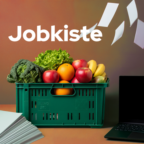 KI generiert: Grüne Kiste mit Obst und Gemüse, umgeben von Laptop und Papier, Text: "Jobkiste".