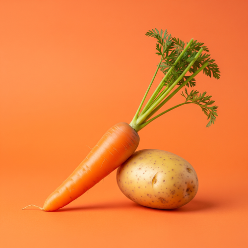 KI generiert: Karotte und Kartoffel auf orangefarbenem Hintergrund.