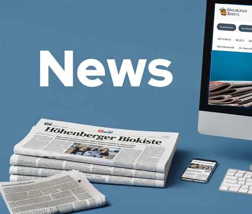 KI generiert: Ein Arrangement aus Zeitung, Smartphone und Bildschirm. Text: "News", "Höhenberger Biokiste".