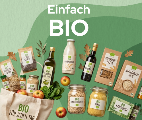 KI generiert: Bio-Lebensmittel und Getränke auf grünem Hintergrund, Text: "Einfach BIO".