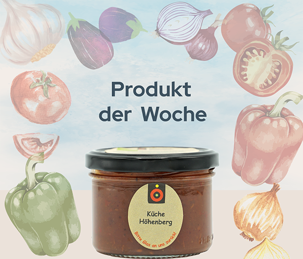 KI generiert: Produkt der Woche: Ein Glas von "Küche Höhenberg" umgeben von gezeichnetem Gemüse.
