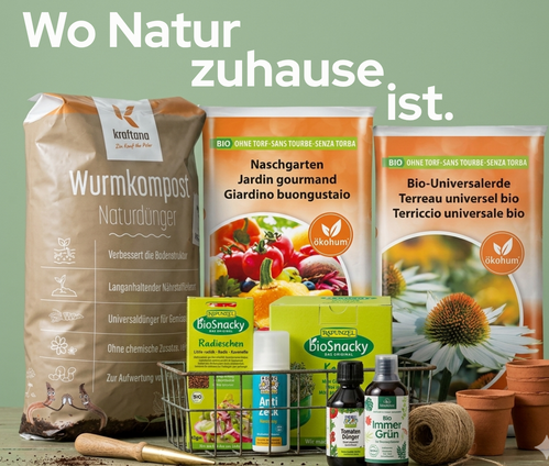 KI generiert: Gartenzubehör und Dünger mit Text: "Wo Natur zuhause ist."