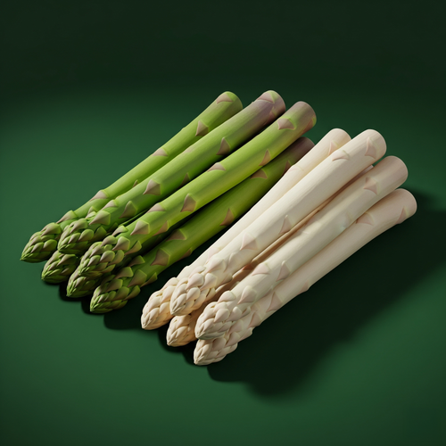 KI generiert: Grüner und weißer Spargel nebeneinander auf einem grünen Hintergrund, ohne Text.
