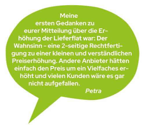 KI generiert: Grünes Sprechblasen-Zitat über die Erhöhung der Lieferflat. Text: "Meine ersten Gedanken..."
