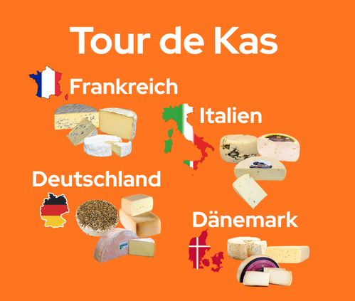 KI generiert: Käsevielfalt aus Frankreich, Italien, Deutschland und Dänemark. Text: "Tour de Kas".