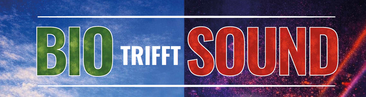 KI generiert: Zwei kontrastierende Hälften: Links Natur, rechts Musik. Text: "BIO TRIFFT SOUND".