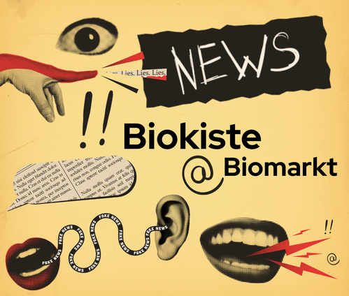 KI generiert: Collage aus Zeitungsausschnitten und Illustrationen mit Text: "Lies, Lies, Lies", "NEWS", "Biokiste @ Biomarkt".