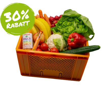 KI generiert: Eine Kiste mit Gemüse und Obst, beschriftet mit "30% RABATT".